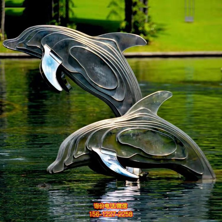 不銹鋼海豚雕塑，池塘水景抽象海豚景觀動物雕塑