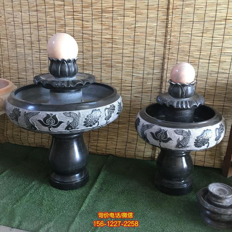 小型室內(nèi)黑色大理石風水球水缽，辦公家用招財風水擺件