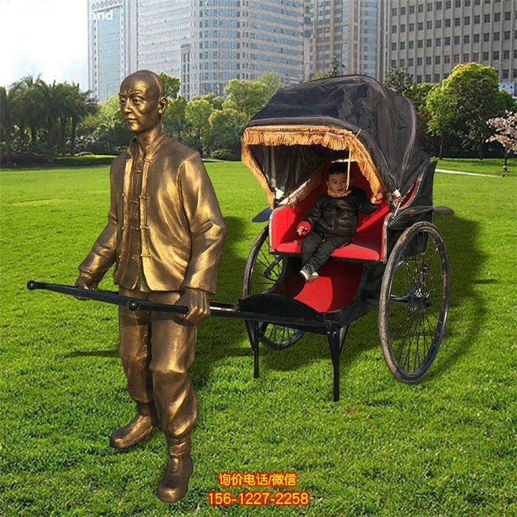 拉黃包車，玻璃鋼仿銅民俗生活人物雕塑