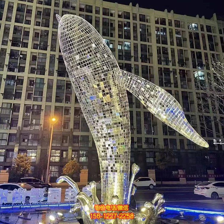 不銹鋼鯨魚(yú)，大型鐵藝鏤空網(wǎng)格鯨魚(yú)水景裝飾景觀