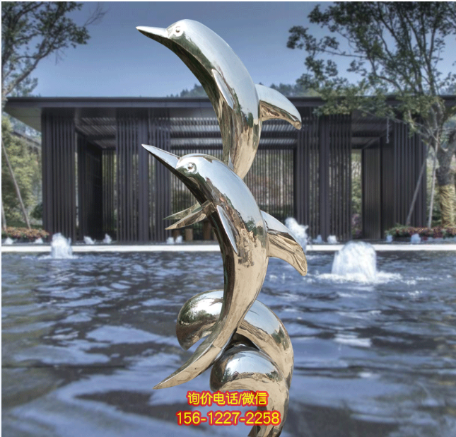 不銹鋼鏡面海豚，園林水景戲水裝飾動物景觀雕塑